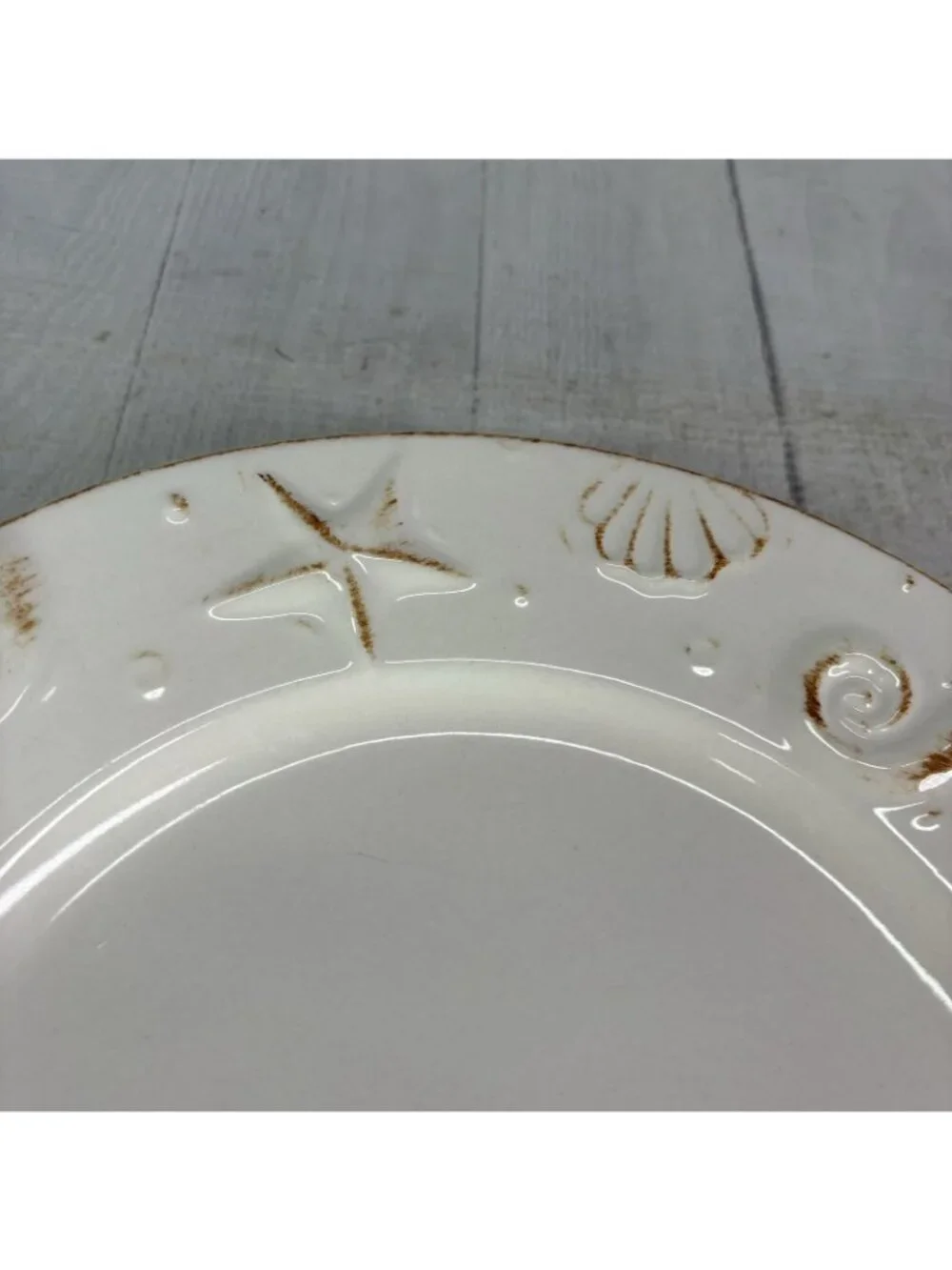 Thomson Pottery HAMPTON Seashells Embossed  Rustic Off White Dinner Plates Set 5